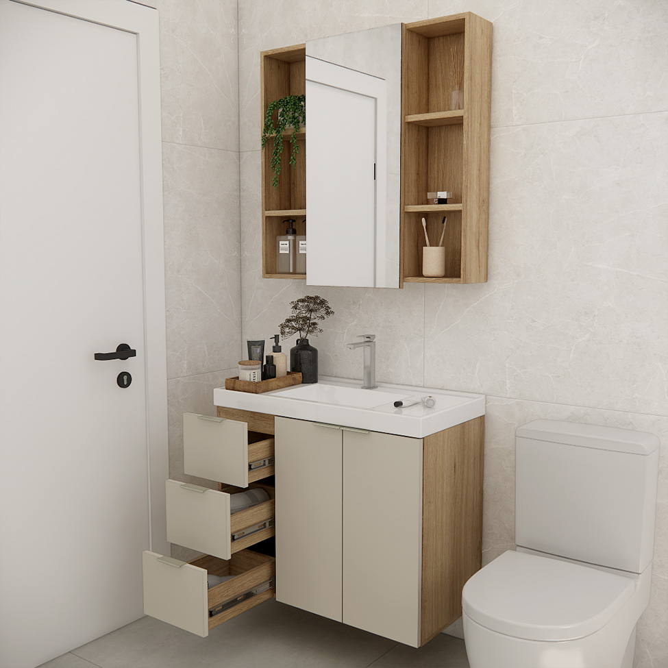 Conjunto de Gabinete e Armário de Banheiro com Espelho Vittare I 3 Portas 3 Gavetas Carvalho e Branco