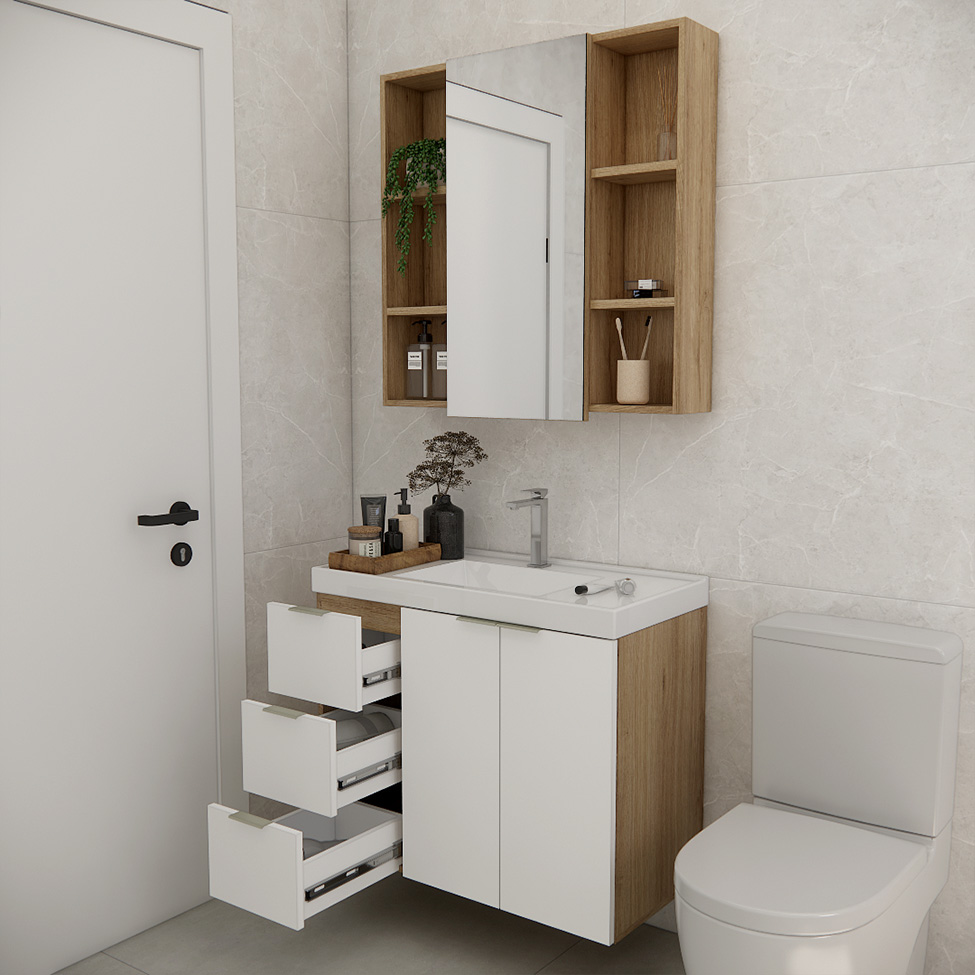 Conjunto de Gabinete e Armário de Banheiro com Espelho Vittare I 3 Portas 3 Gavetas Carvalho e Nude