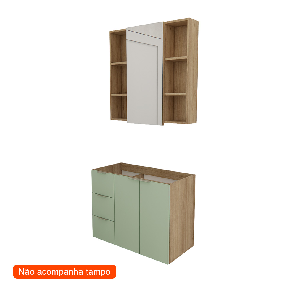 Conjunto de Gabinete e Armário de Banheiro com Espelho Vittare I 3 Portas 3 Gavetas Carvalho e Verde