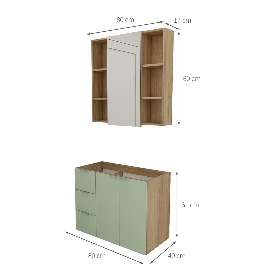 Conjunto de Gabinete e Armário de Banheiro com Espelho Vittare I 3 Portas 3 Gavetas Carvalho e Verde