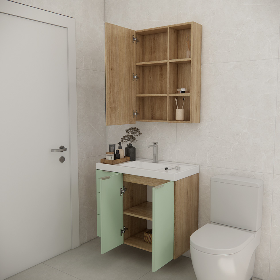 Conjunto de Gabinete e Armário de Banheiro com Espelho Vittare I 3 Portas 3 Gavetas Carvalho e Verde