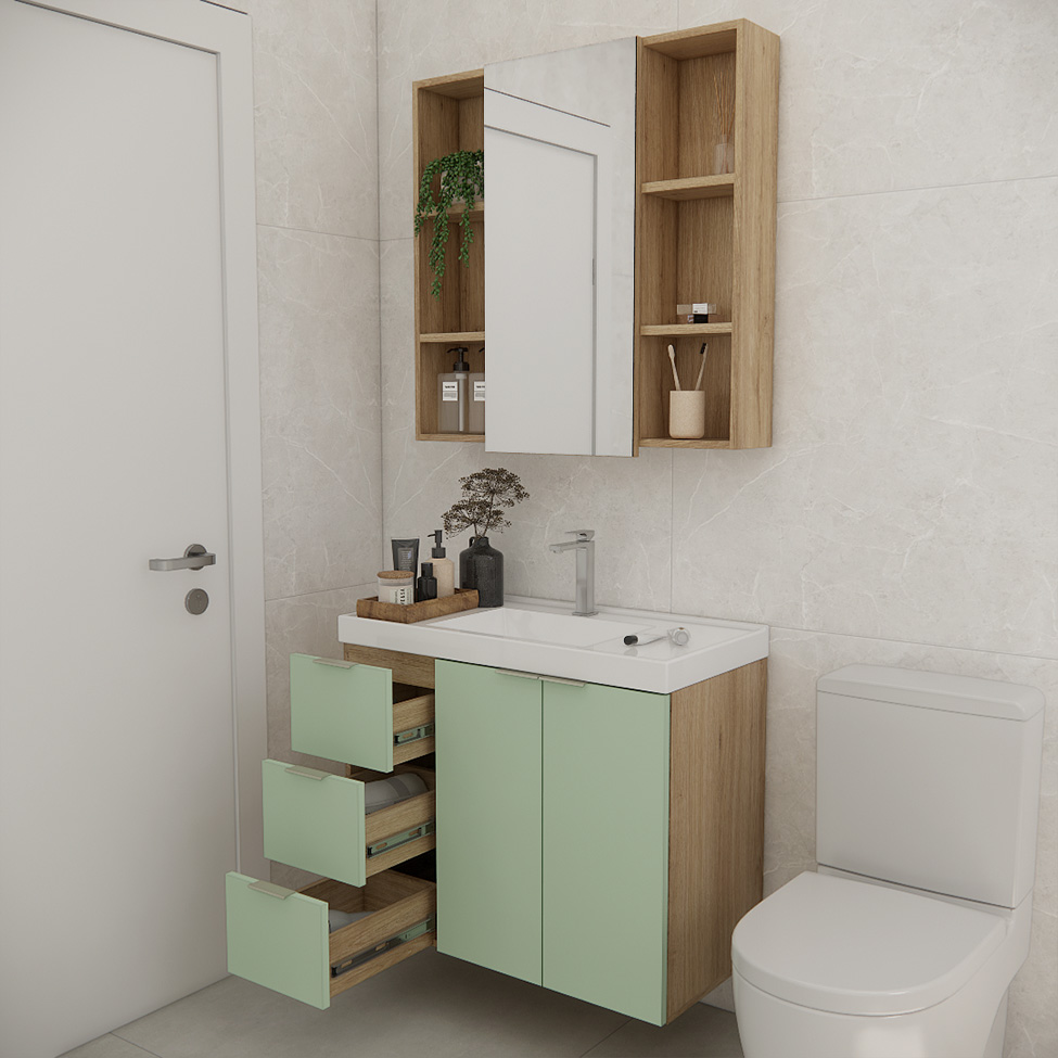 Conjunto de Gabinete e Armário de Banheiro com Espelho Vittare I 3 Portas 3 Gavetas Carvalho e Verde
