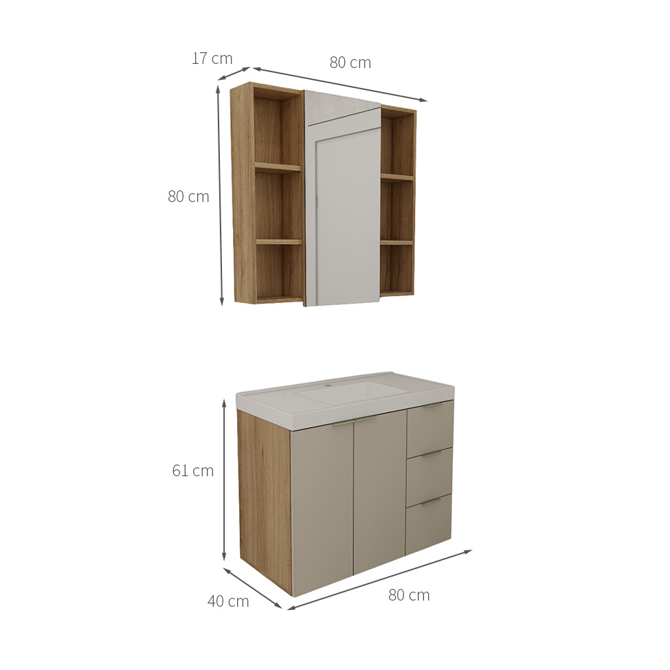 Conjunto de Gabinete e Armário de Banheiro com Espelho Vittare II 3 Portas 3 Gavetas Carvalho e Branco