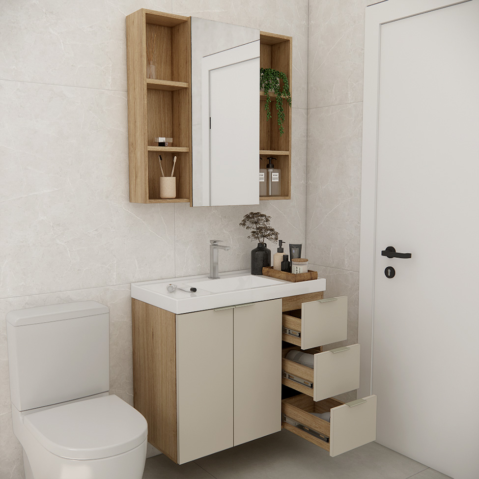 Conjunto de Gabinete e Armário de Banheiro com Espelho Vittare II 3 Portas 3 Gavetas Carvalho e Branco