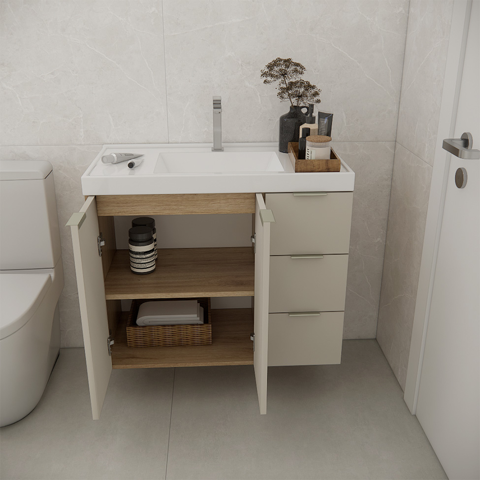 Conjunto de Gabinete e Armário de Banheiro com Espelho Vittare II 3 Portas 3 Gavetas Carvalho e Branco