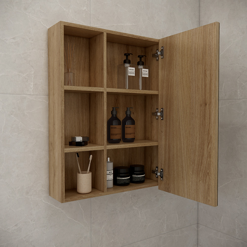 Conjunto de Gabinete e Armário de Banheiro com Espelho Vittare II 3 Portas 3 Gavetas Carvalho e Nude