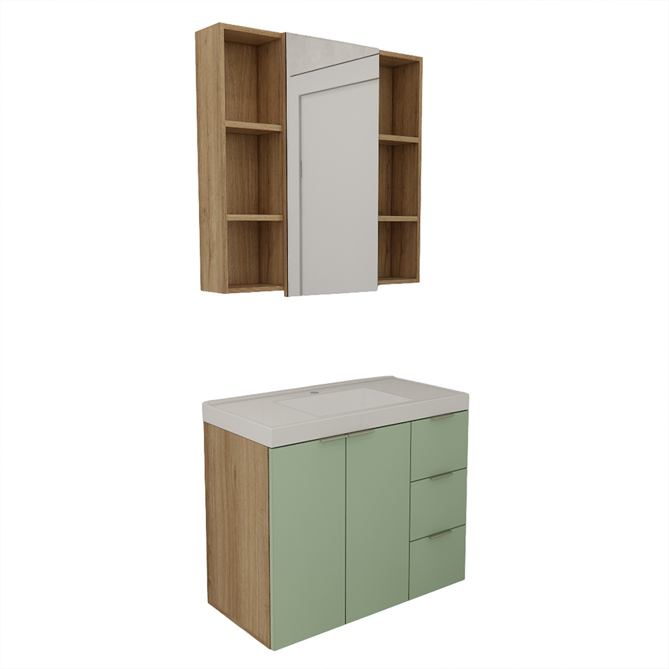 Conjunto de Gabinete e Armário de Banheiro com Espelho Vittare II 3 Portas 3 Gavetas Carvalho e Verde