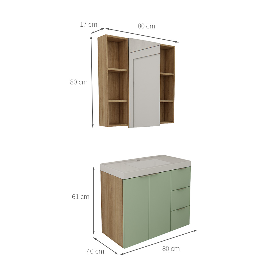 Conjunto de Gabinete e Armário de Banheiro com Espelho Vittare II 3 Portas 3 Gavetas Carvalho e Verde