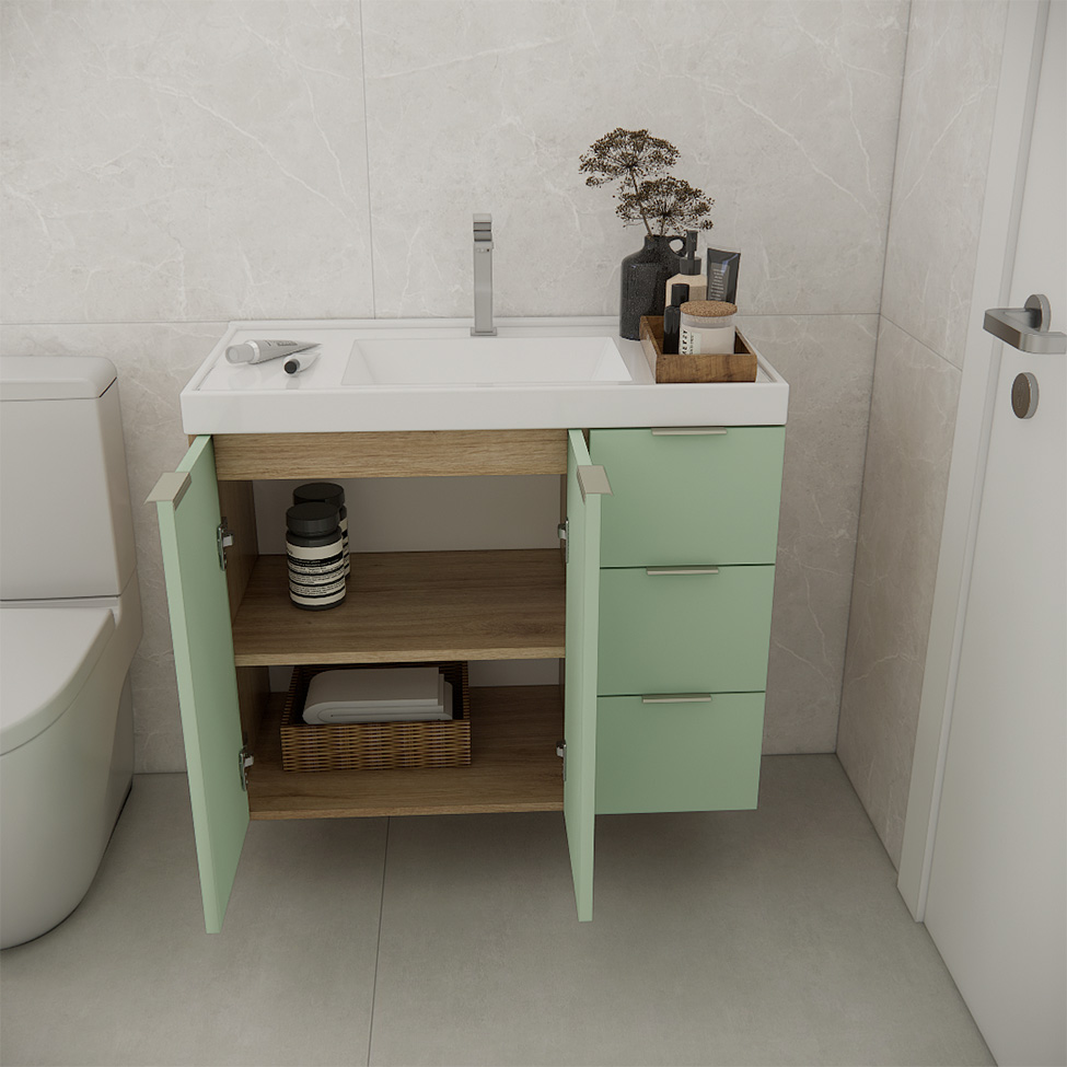 Conjunto de Gabinete e Armário de Banheiro com Espelho Vittare II 3 Portas 3 Gavetas Carvalho e Verde