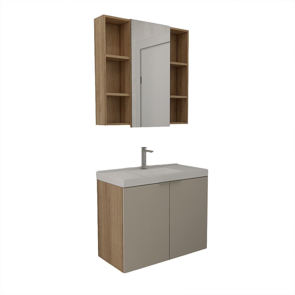 Conjunto de Gabinete e Armário de Banheiro com Espelho Vittare II 3 Portas Carvalho e Branco