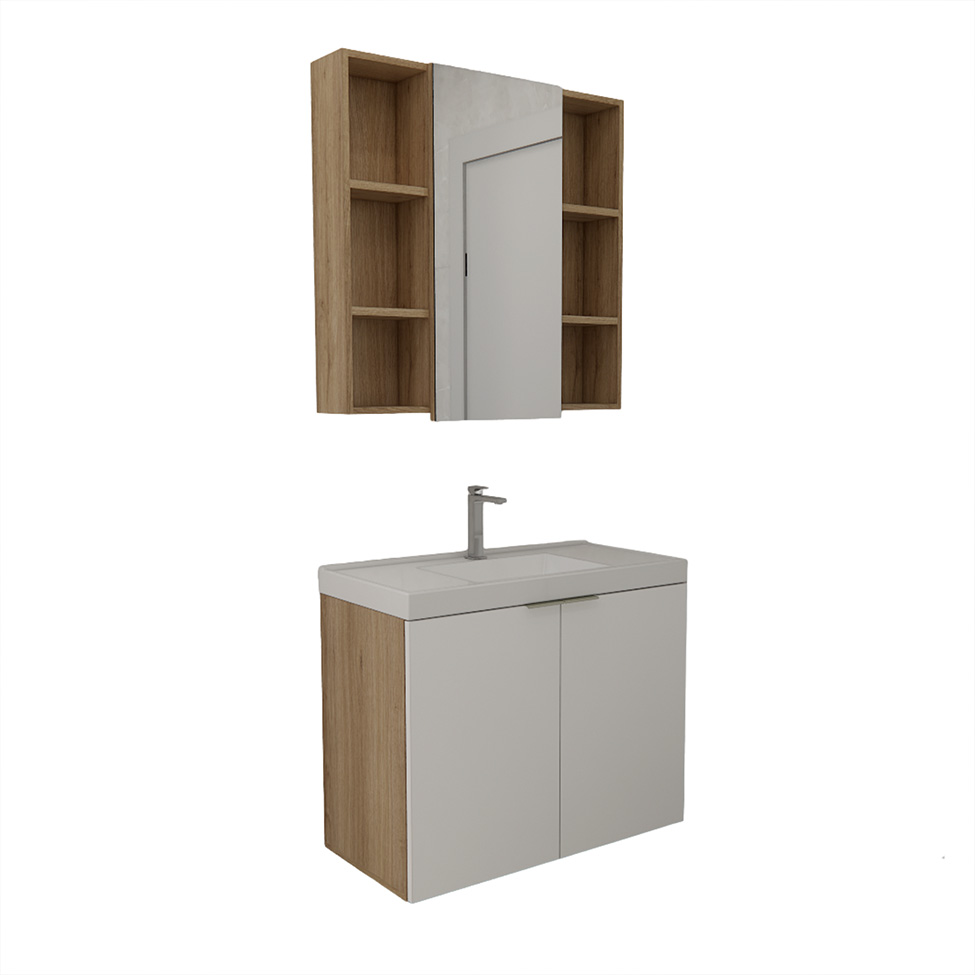 Conjunto de Gabinete e Armário de Banheiro com Espelho Vittare II 3 Portas Carvalho e Nude