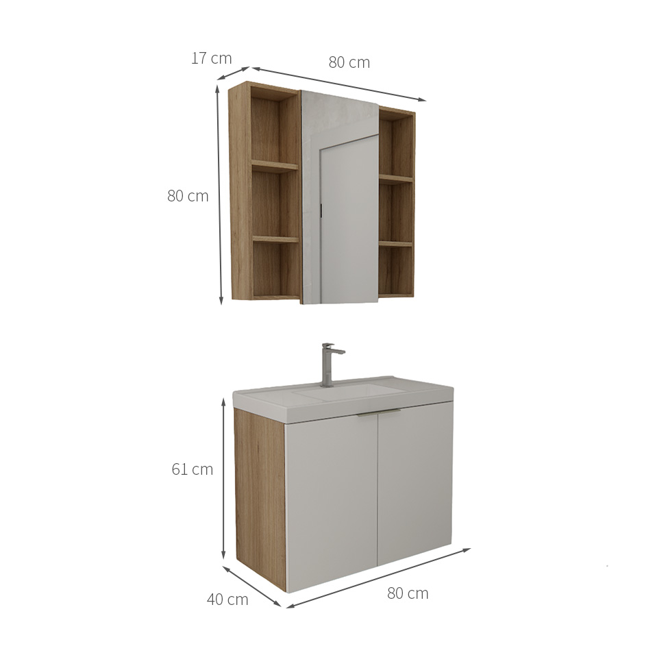 Conjunto de Gabinete e Armário de Banheiro com Espelho Vittare II 3 Portas Carvalho e Nude