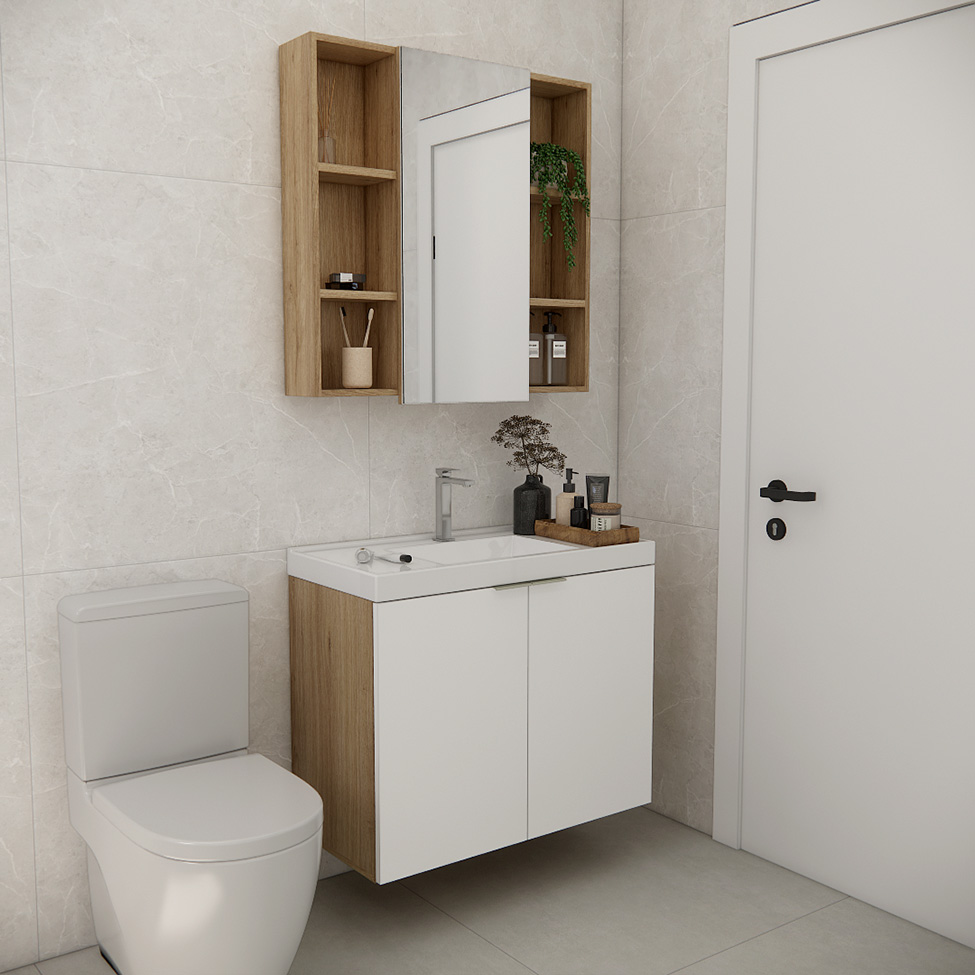 Conjunto de Gabinete e Armário de Banheiro com Espelho Vittare II 3 Portas Carvalho e Nude