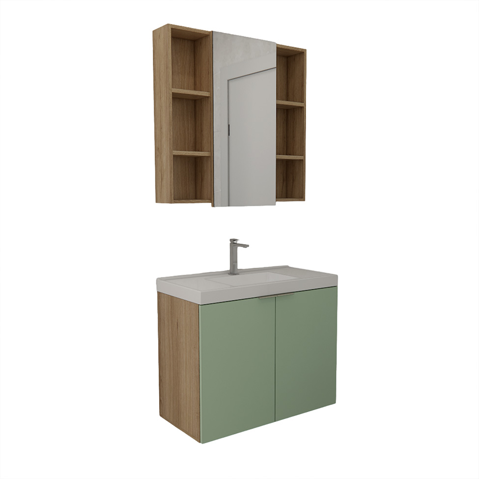 Conjunto de Gabinete e Armário de Banheiro com Espelho Vittare II 3 Portas Carvalho e Verde