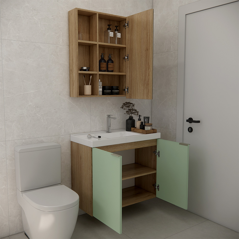 Conjunto de Gabinete e Armário de Banheiro com Espelho Vittare II 3 Portas Carvalho e Verde