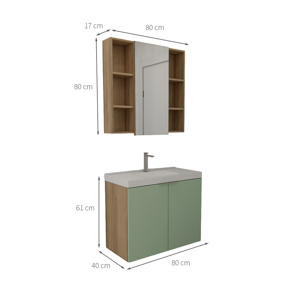 Conjunto de Gabinete e Armário de Banheiro com Espelho Vittare II 3 Portas Carvalho e Verde