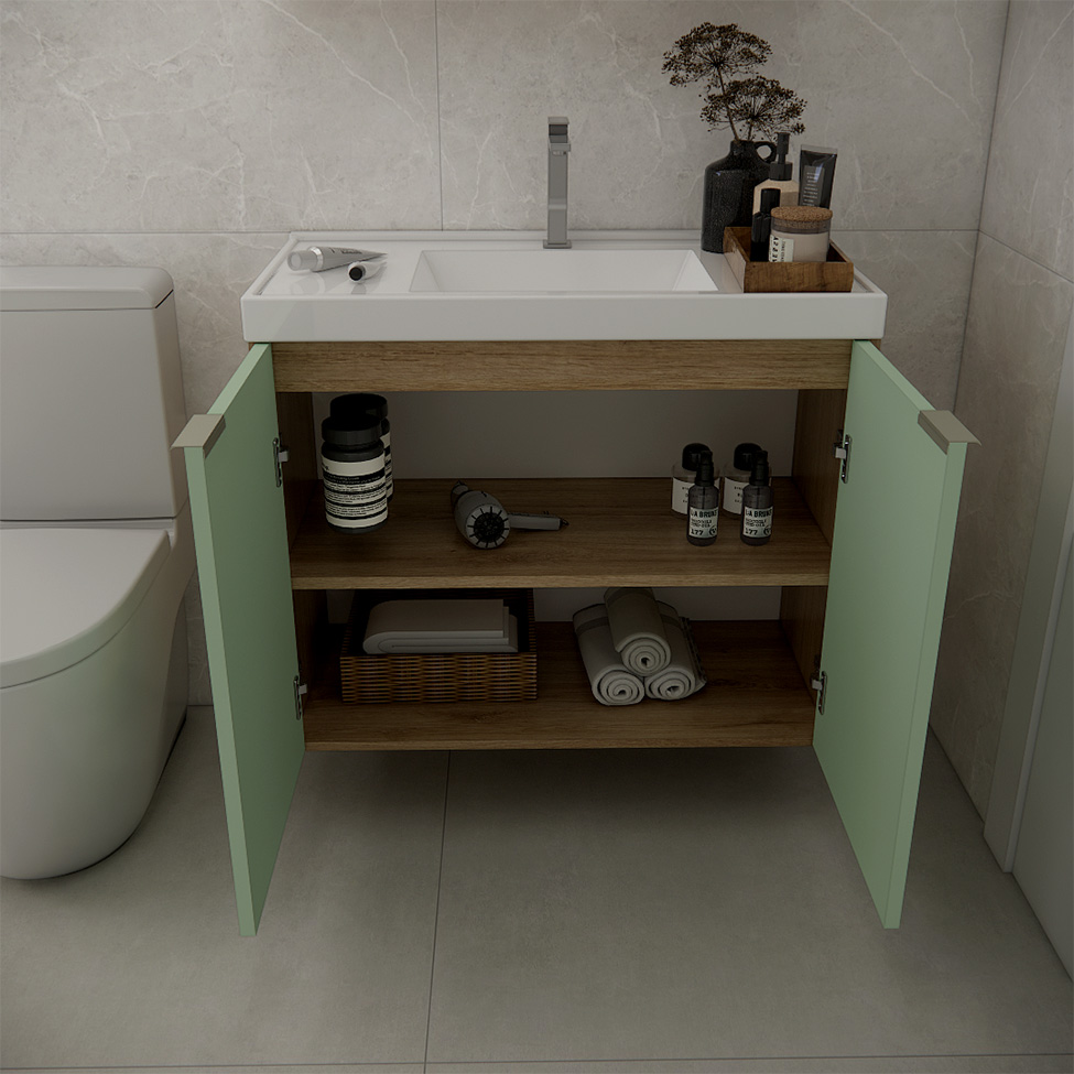 Conjunto de Gabinete e Armário de Banheiro com Espelho Vittare II 3 Portas Carvalho e Verde