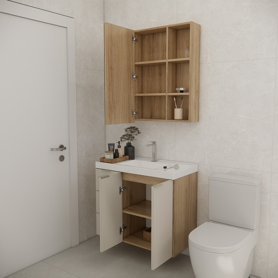 Conjunto de Gabinete e Armário de Banheiro com Espelho Vittare III 3 Portas 3 Gavetas Carvalho e Branco