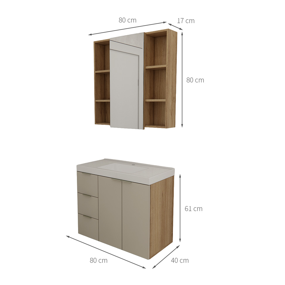 Conjunto de Gabinete e Armário de Banheiro com Espelho Vittare III 3 Portas 3 Gavetas Carvalho e Branco
