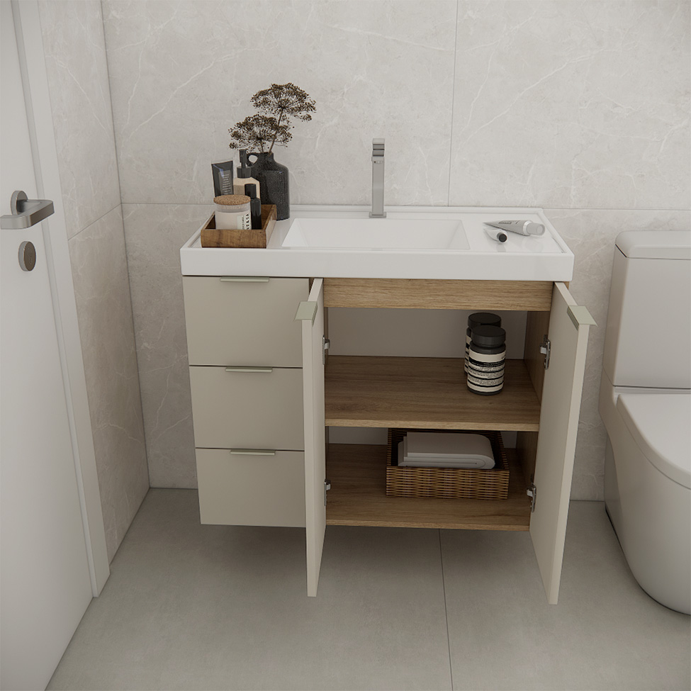 Conjunto de Gabinete e Armário de Banheiro com Espelho Vittare III 3 Portas 3 Gavetas Carvalho e Branco