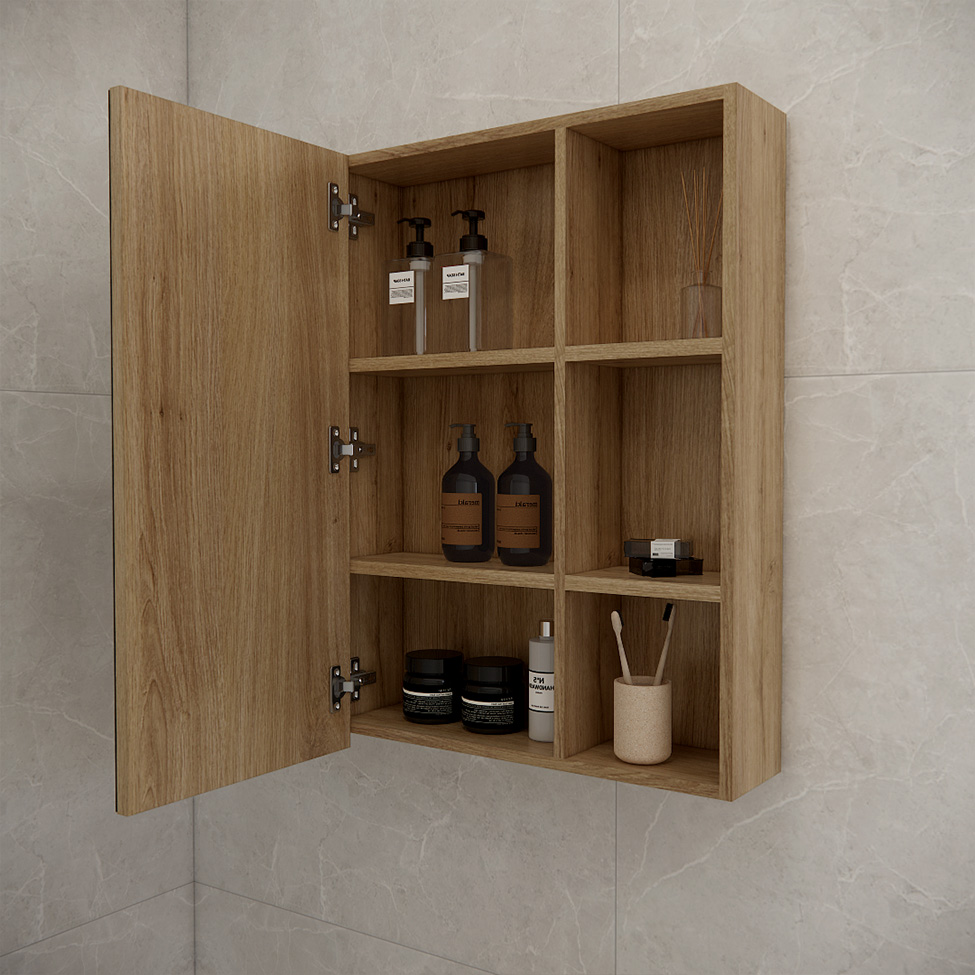 Conjunto de Gabinete e Armário de Banheiro com Espelho Vittare III 3 Portas 3 Gavetas Carvalho e Branco