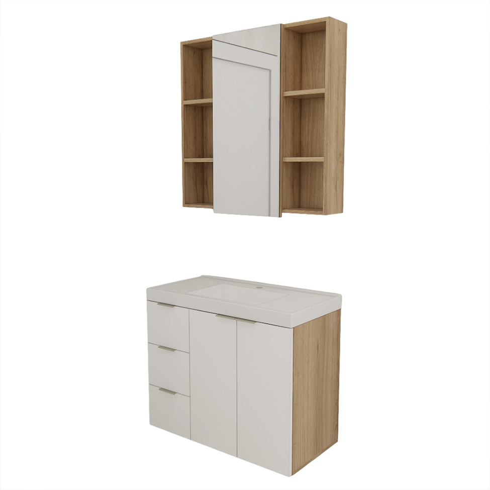 Conjunto de Gabinete e Armário de Banheiro com Espelho Vittare III 3 Portas 3 Gavetas Carvalho e Nude