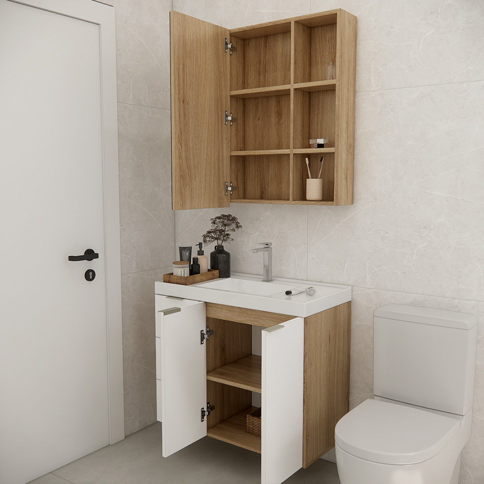 Conjunto de Gabinete e Armário de Banheiro com Espelho Vittare III 3 Portas 3 Gavetas Carvalho e Nude