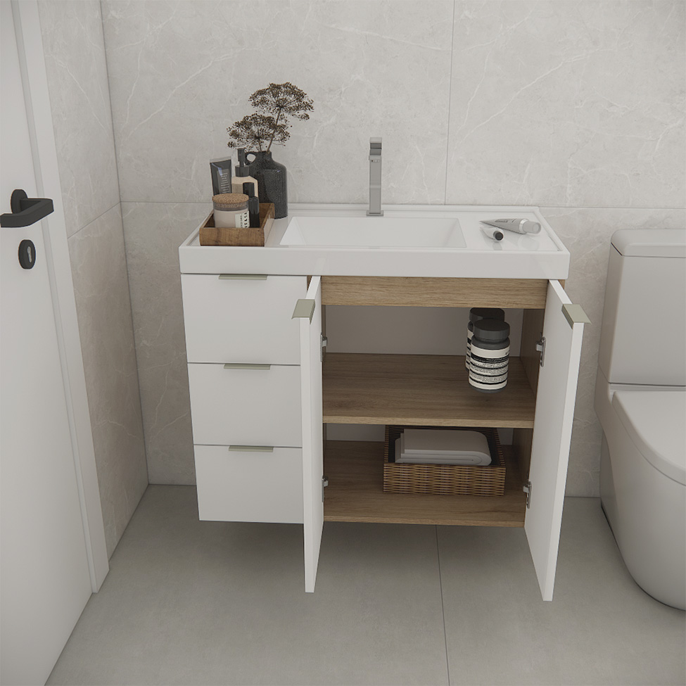 Conjunto de Gabinete e Armário de Banheiro com Espelho Vittare III 3 Portas 3 Gavetas Carvalho e Nude