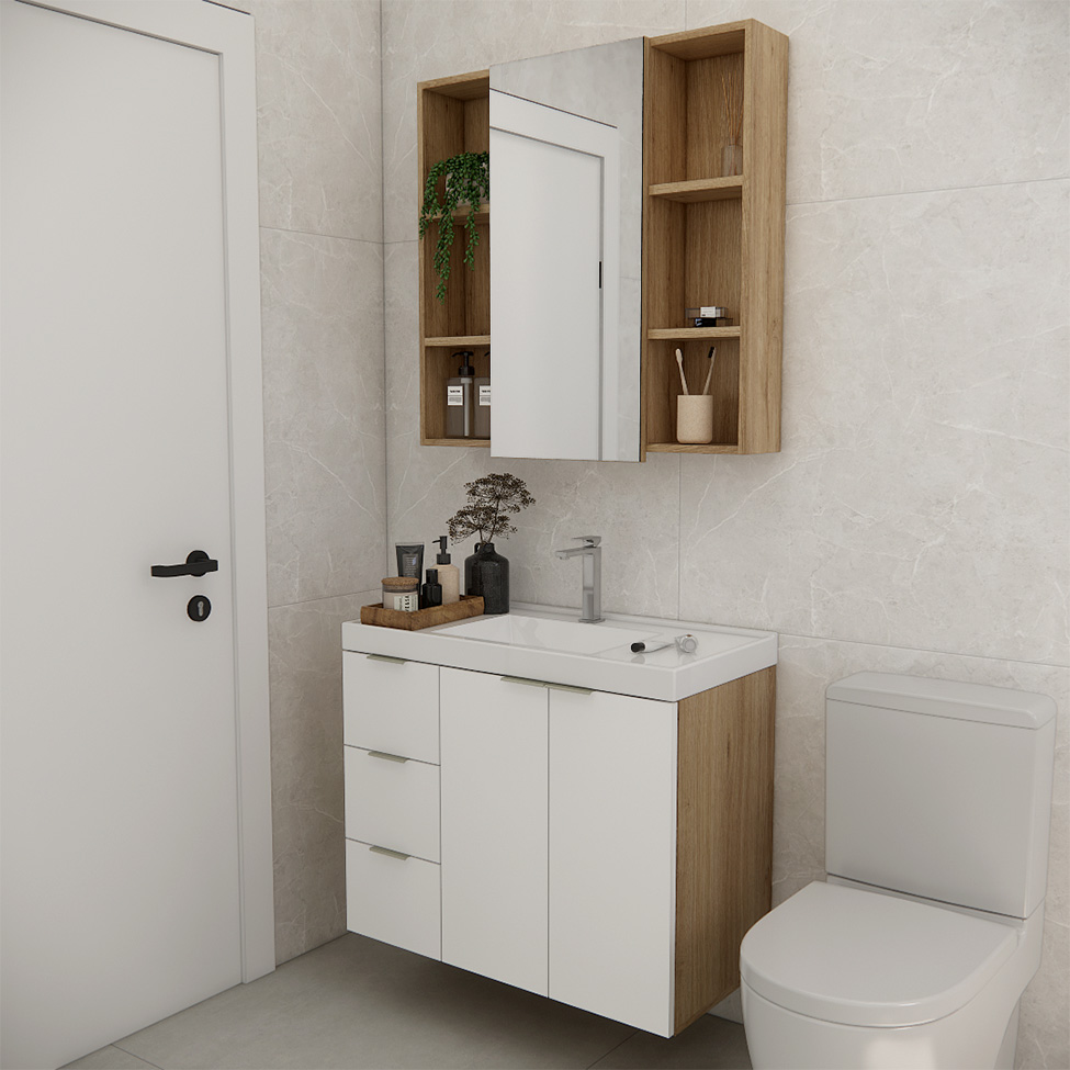 Conjunto de Gabinete e Armário de Banheiro com Espelho Vittare III 3 Portas 3 Gavetas Carvalho e Nude