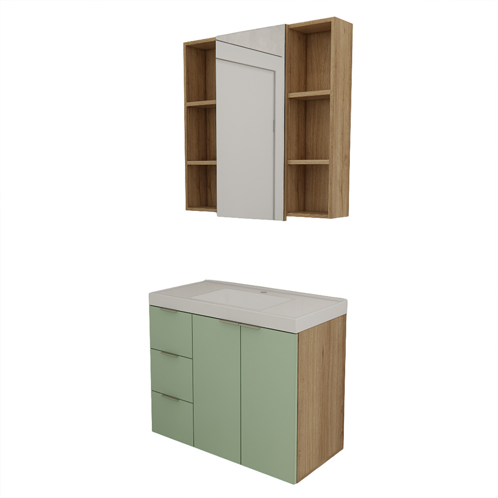 Conjunto de Gabinete e Armário de Banheiro com Espelho Vittare III 3 Portas 3 Gavetas Carvalho e Verde