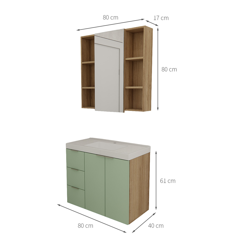 Conjunto de Gabinete e Armário de Banheiro com Espelho Vittare III 3 Portas 3 Gavetas Carvalho e Verde