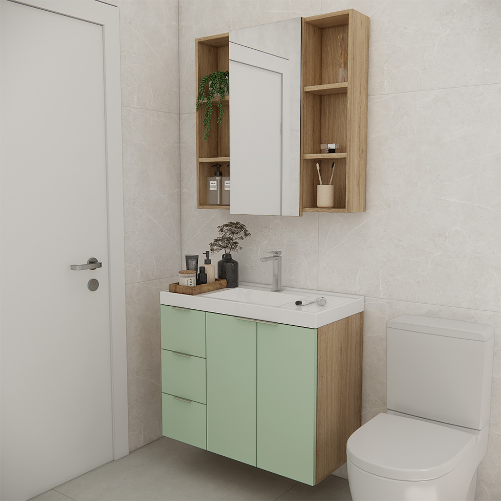 Conjunto de Gabinete e Armário de Banheiro com Espelho Vittare III 3 Portas 3 Gavetas Carvalho e Verde
