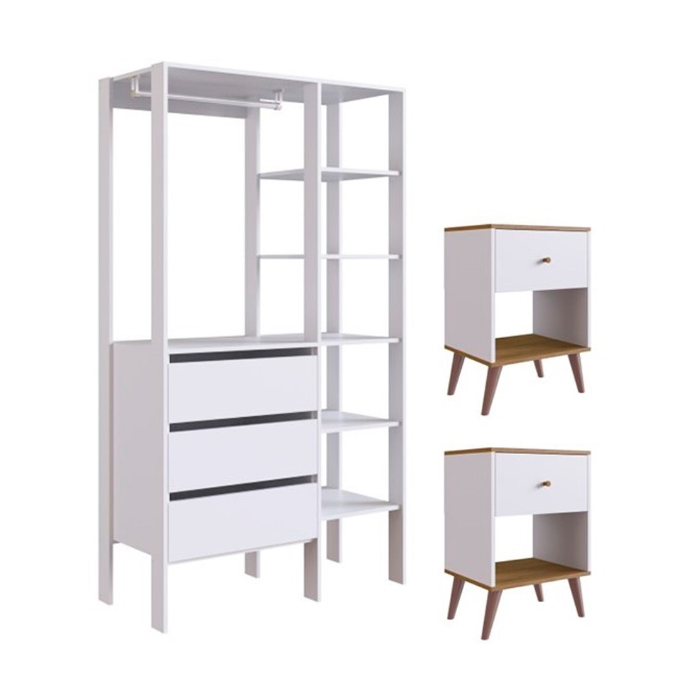 Conjunto de Guarda-Roupa Closet Modulado Dormitório 3 Gavetas e 2 Mesas de Cabeceira Retrô 1 Gaveta Branco e Mel