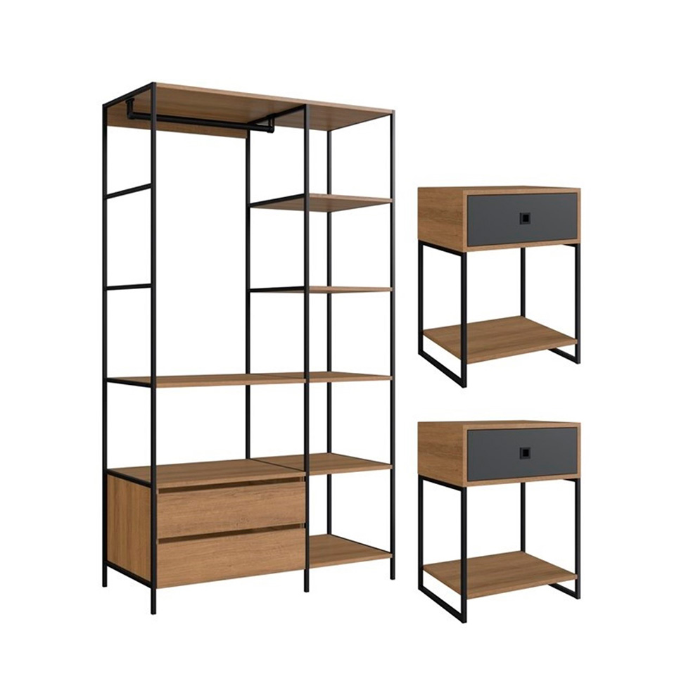 Conjunto de Guarda-Roupa Closet Paricel 2 Gavetas com 2 Mesas de Cabeceira 1 Gaveta Mel e Grafite