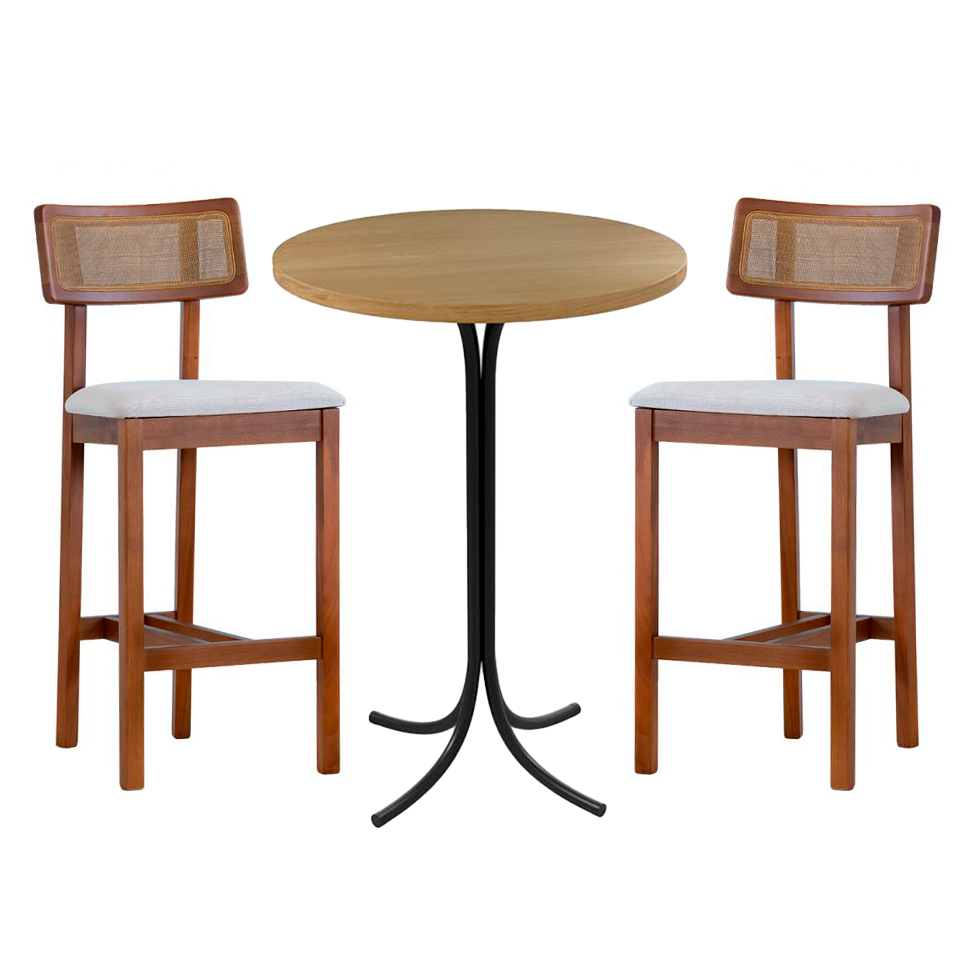 Conjunto de Mesa Bistrô Redonda Belle Siena e Preto com 2 Banquetas Dunas Bege e Amêndoa
