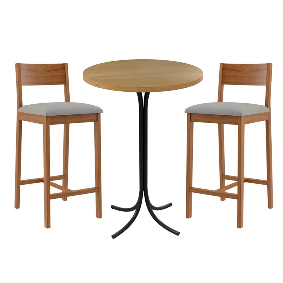 Conjunto de Mesa Bistrô Redonda Belle Siena e Preto com 2 Banquetas Manu Cinza e Nogueira