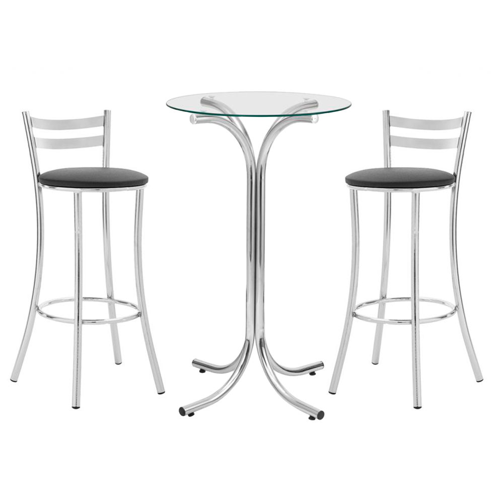 Conjunto de Mesa Bistrô Redonda Floripa Cromada com 2 Banquetas Faro Preto