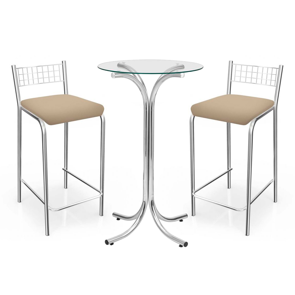 Conjunto de Mesa Bistrô Redonda Floripa Cromada com 2 Banquetas Zurique Bege