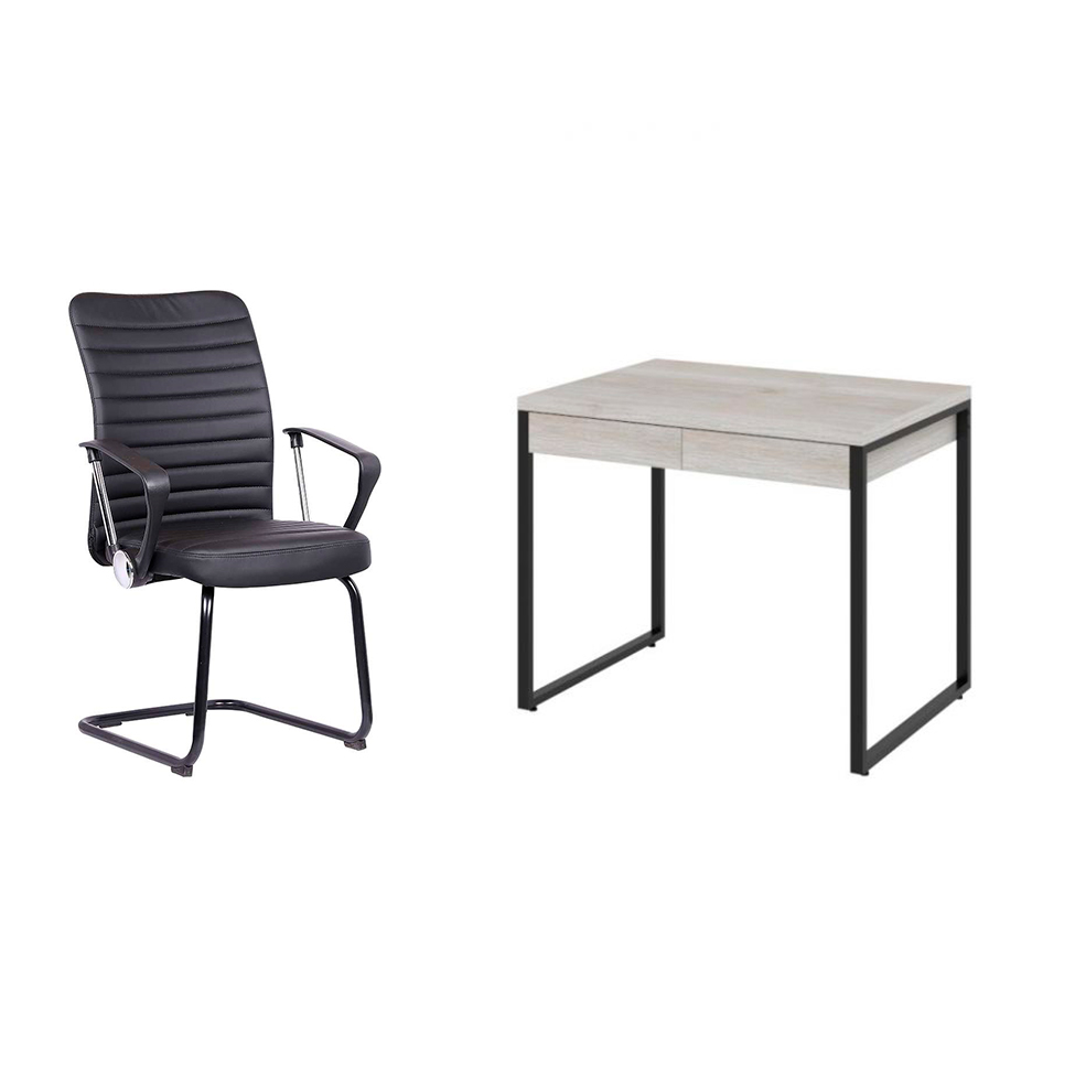 Conjunto de Mesa Kuadra 2 GV Bege com Cadeira de Escritório Interlocutor Fixa Oslo Preta