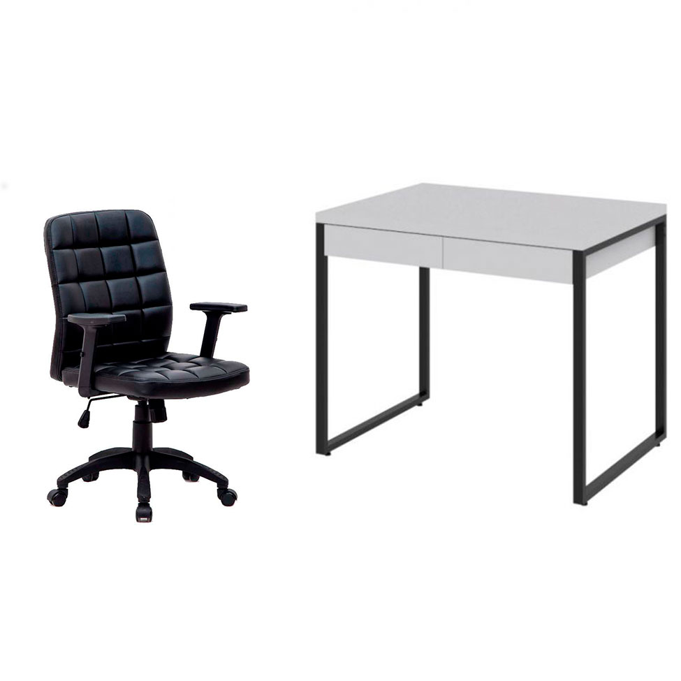 Conjunto de Mesa Kuadra 2 GV Branca com Cadeira de Escritório Diretor Giratória Fitz com Braços Ajustáveis Preta