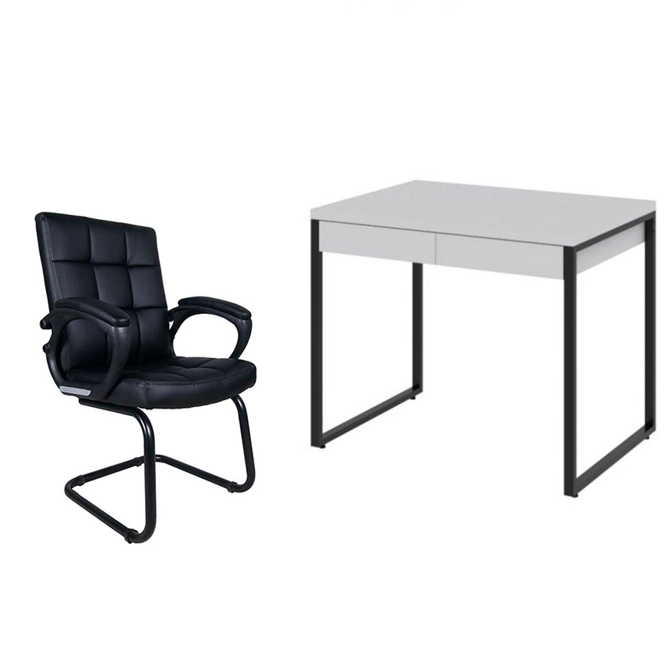 Conjunto de Mesa Kuadra 2 GV Branca com Cadeira de Escritório Interlocutor Fixa Charles Preta