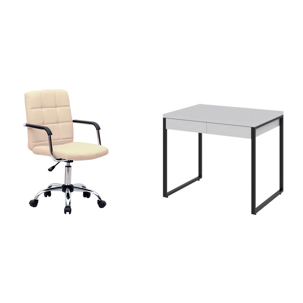 Conjunto de Mesa Kuadra 2 GV Branca com Cadeira de Escritório Secretária Giratória Fitz Bege