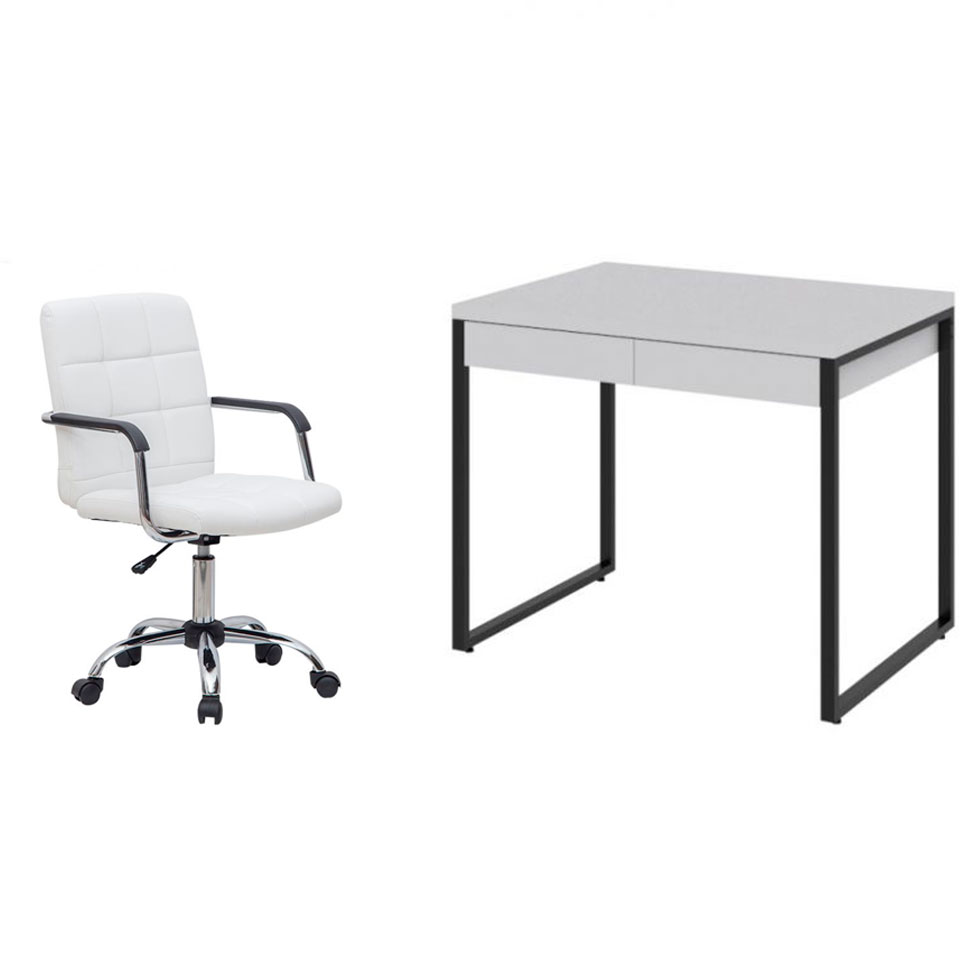Conjunto de Mesa Kuadra 2 GV Branca e Preta com Cadeira de Escritório Secretária Giratória Fitz Branca