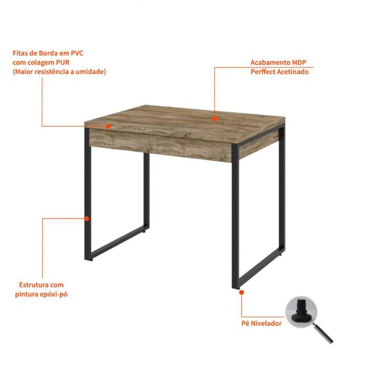 Conjunto de Mesa Kuadra 2 GV Carvalho com Cadeira de Escritório Secretária Giratória Fitz Marrom