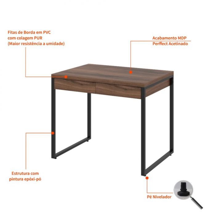 Conjunto de Mesa Kuadra 2 GV Nogal com Cadeira de Escritório Secretária Giratória Fitz Marrom