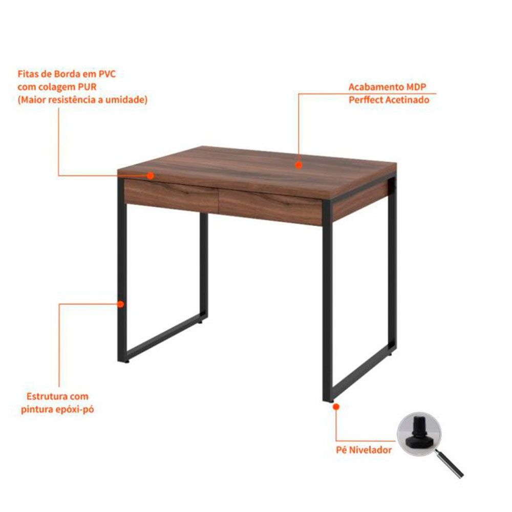 Conjunto de Mesa Kuadra 2 GV Nogal e com Cadeira de Escritório Secretária Giratória Clean Preta