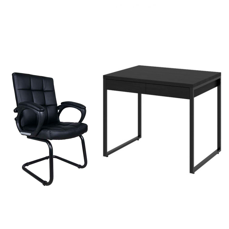 Conjunto de Mesa Kuadra 2 GV Preta com Cadeira de Escritório Interlocutor Fixa Charles Preta