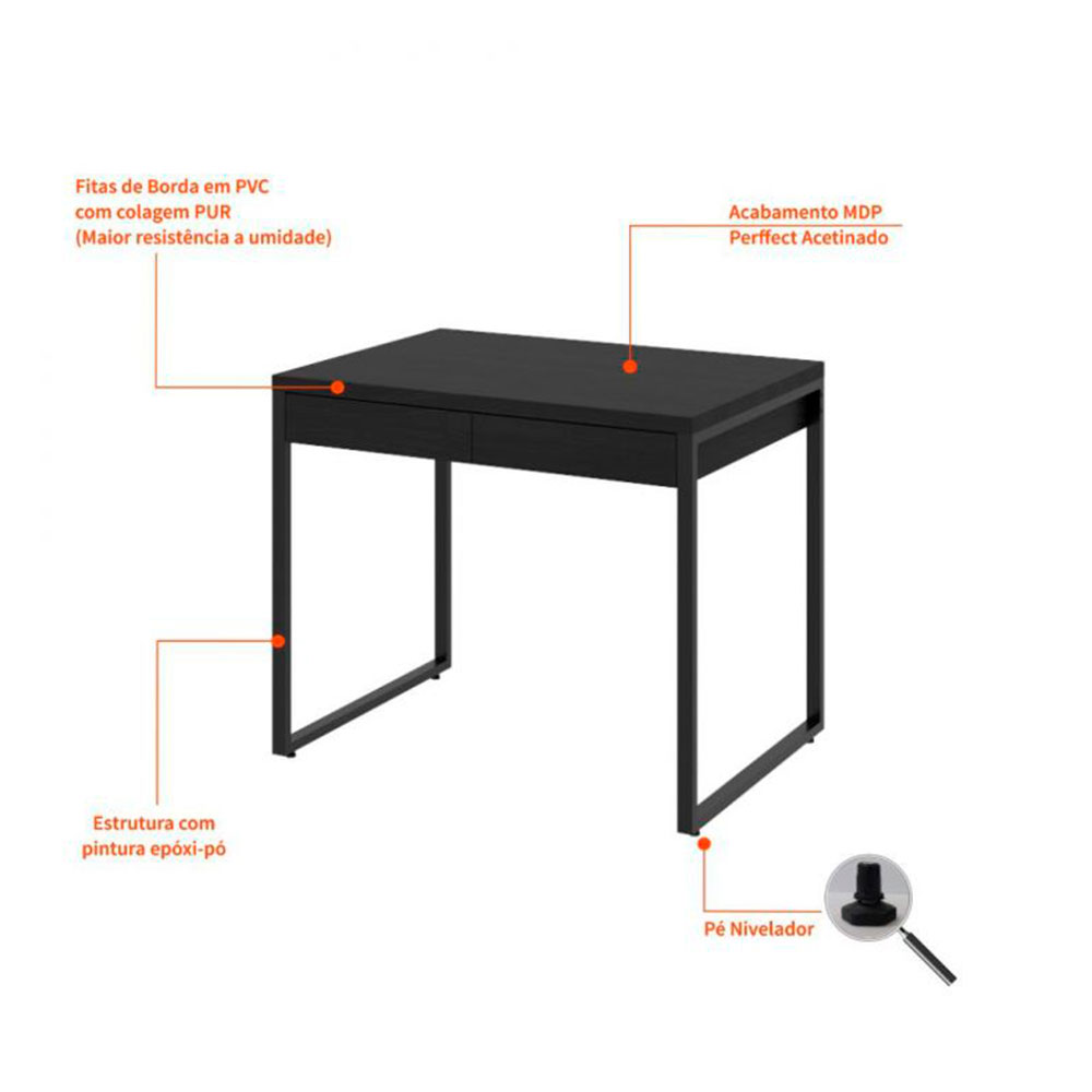 Conjunto de Mesa Kuadra 2 GV Preta com Cadeira de Escritório Secretária Giratória Fitz Bege
