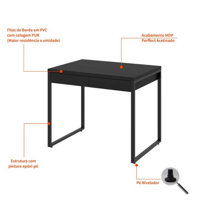 Conjunto de Mesa Kuadra 2 GV Preta com Cadeira de Escritório Secretária Giratória Fitz Marrom