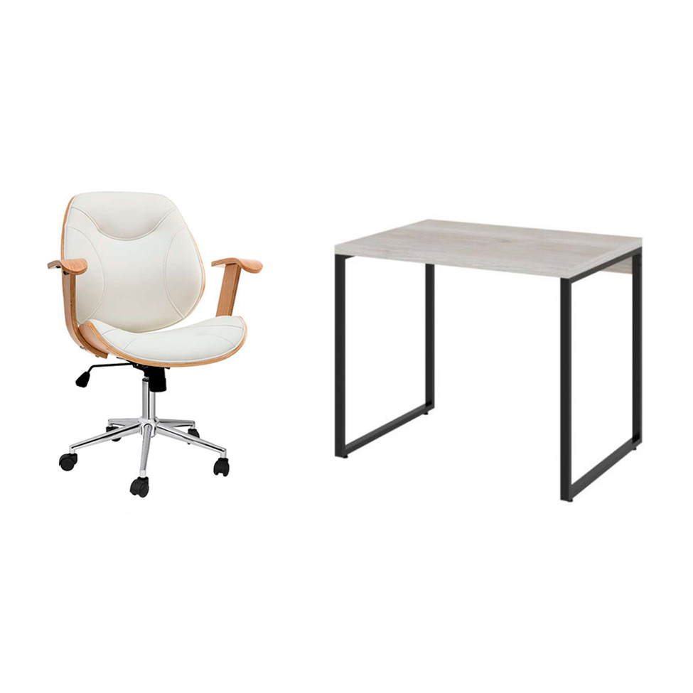 Conjunto de Mesa Kuadra Bege com Cadeira de Escritório Diretor Giratória Antonella Branca